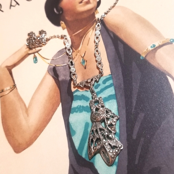 1920s Art Deco Antique Solid Silver Marcasite Necklace - Picture 2 of 7